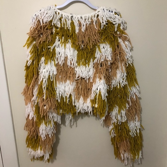 Nasty Gal Mustard Beige White Fringed Chunky Knit Cardigan - Picture 6 of 10
